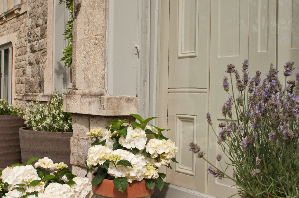 建具をNo.18 French Grayでペイントした屋外画像。柔らかいアースカラーのペイントは、屋外の植物など自然の風景とも溶け合います。