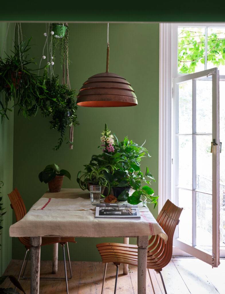 壁は、 No.287 Yeabridge Green 、木部: No.2005 All Whiteで仕上げたダイニング。やや鮮やかなアースカラーのグリーンのペイントは、生命力あふれる観葉植物の緑にも負けない瑞々しい色です。